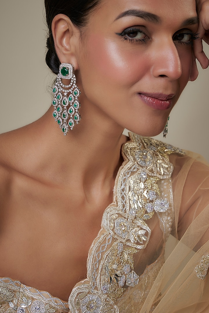 White Finish Green Zircon Chandelier Earrings by Studio6 Jewels at Pernia's Pop Up Shop