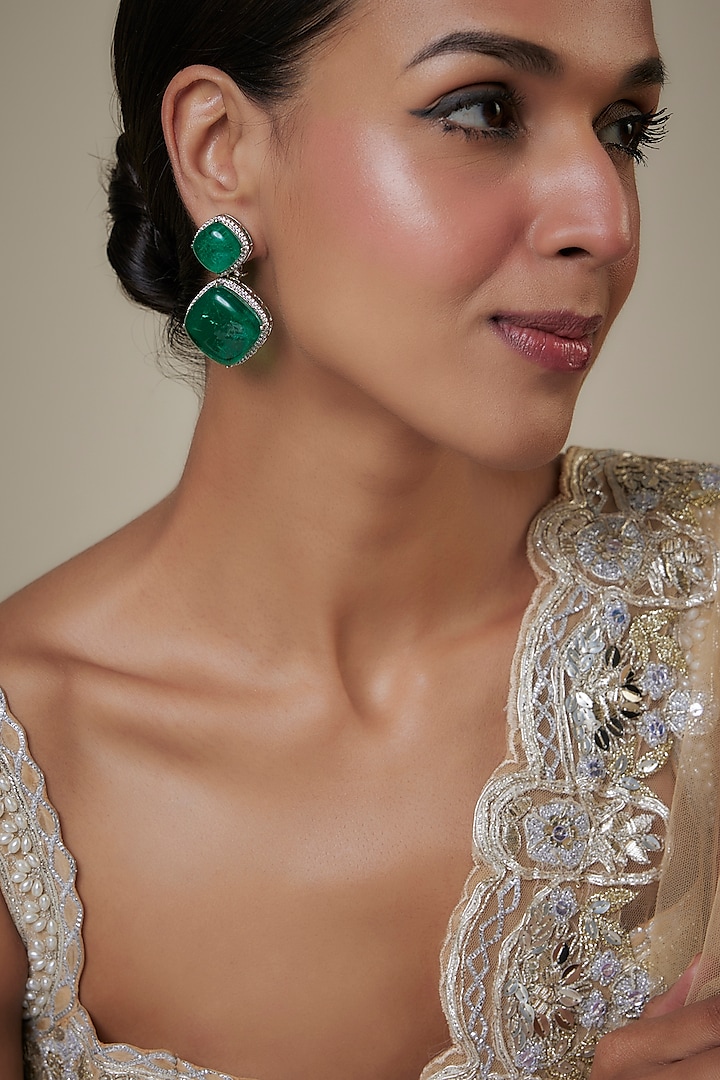 White Finish Green Zircon Dome Dangler Earrings by Studio6 Jewels at Pernia's Pop Up Shop