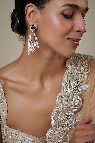 White Finish Zircon & Blue Stone Dangler Earrings by Studio6 Jewels