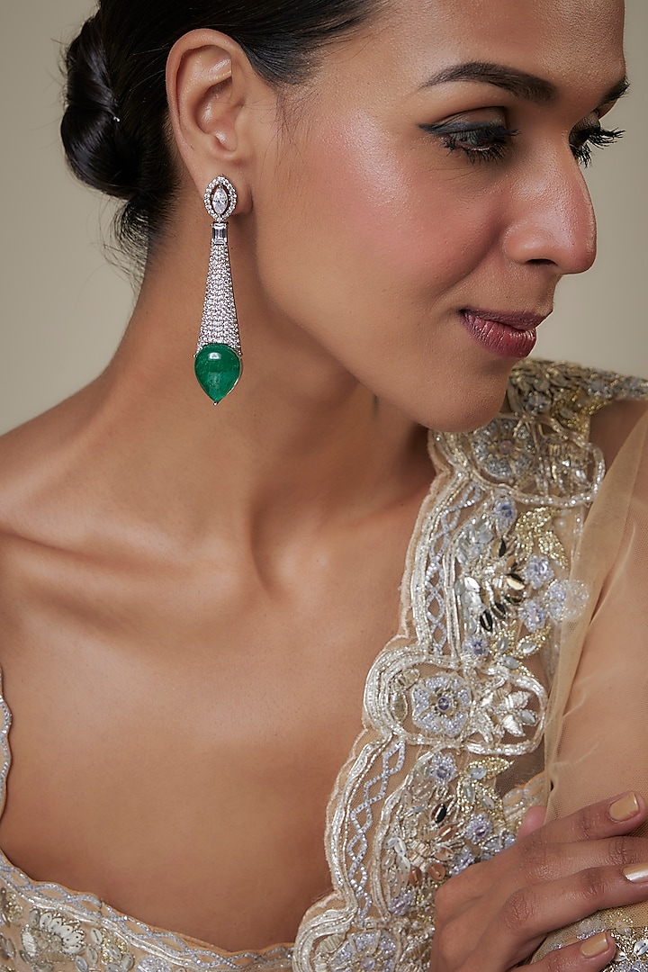 White Finish Green Zircon Dangler Earrings by Studio6 Jewels at Pernia's Pop Up Shop