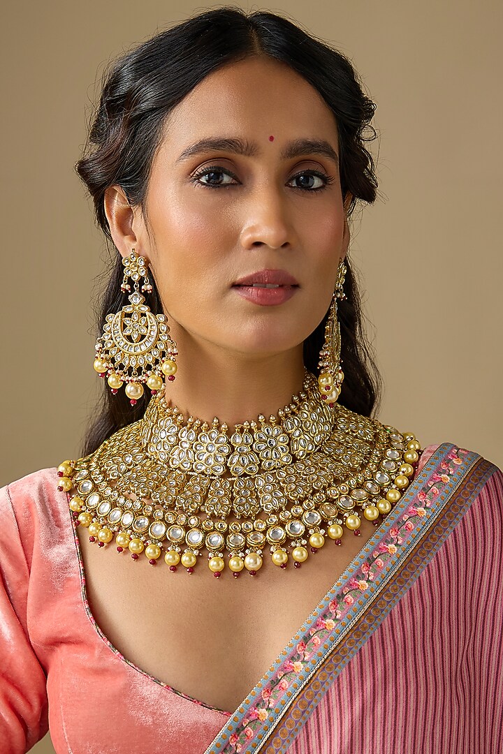 Gold Finish Kundan Polki & Pearl Choker Necklace Set by Studio6 Jewels at Pernia's Pop Up Shop