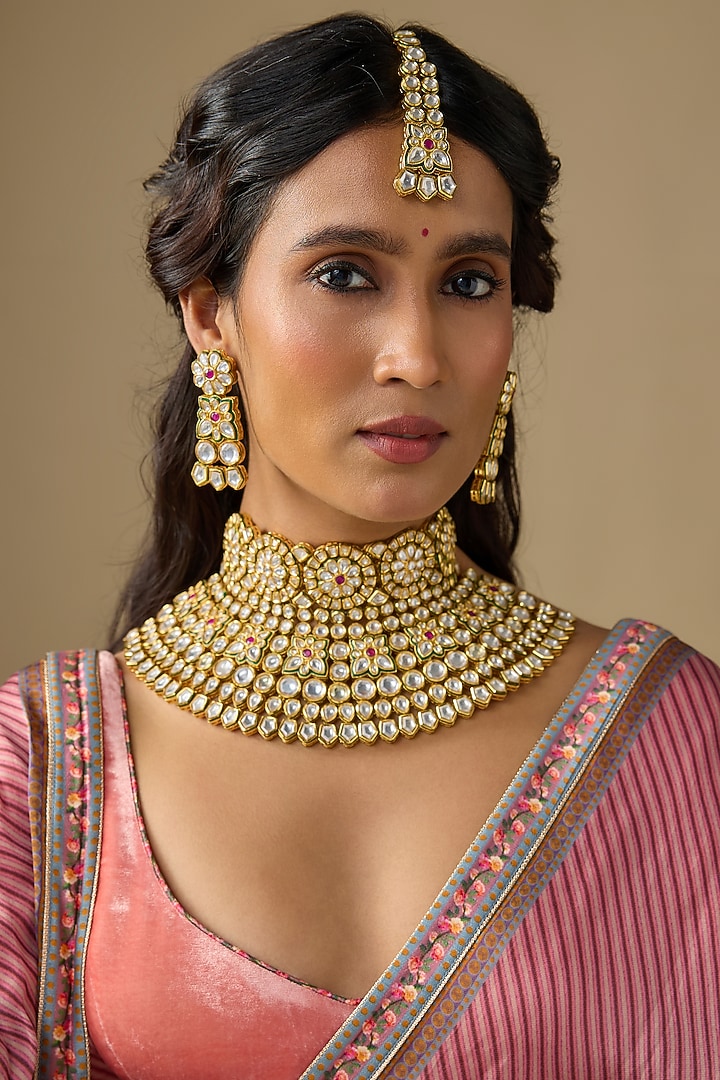 Gold Finish Kundan Polki Choker Necklace Set by Studio6 Jewels at Pernia's Pop Up Shop