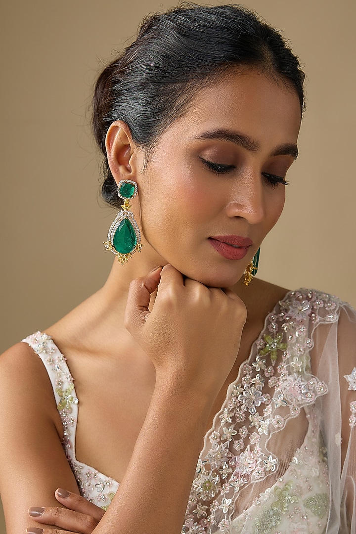 Gold Finish Zircon & Green Doublet Stone Dangler Earrings by Studio6 Jewels at Pernia's Pop Up Shop