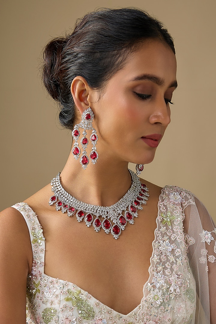 White Finish Zircon & Red Stone Necklace Set by Studio6 Jewels at Pernia's Pop Up Shop