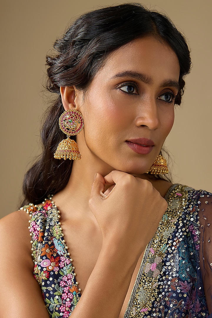 Gold Finish Red Stone Temple Filigree Jhumka Earrings by Studio6 Jewels at Pernia's Pop Up Shop