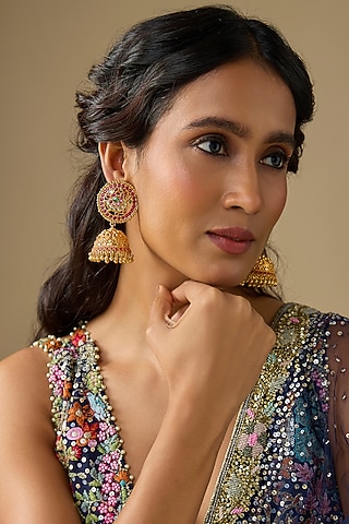 Gold Finish Red Stone Temple Filigree Jhumka Earrings by Studio6 Jewels