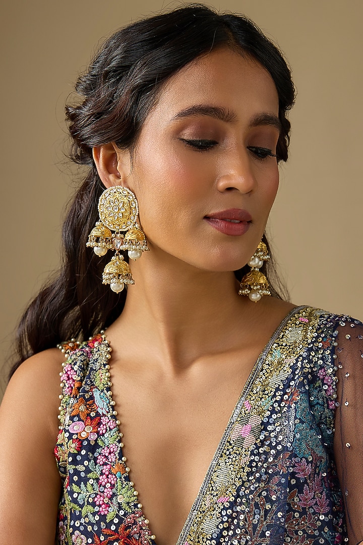 Gold Finish Kundan Polki & Pearl Jhumka Earrings by Studio6 Jewels at Pernia's Pop Up Shop
