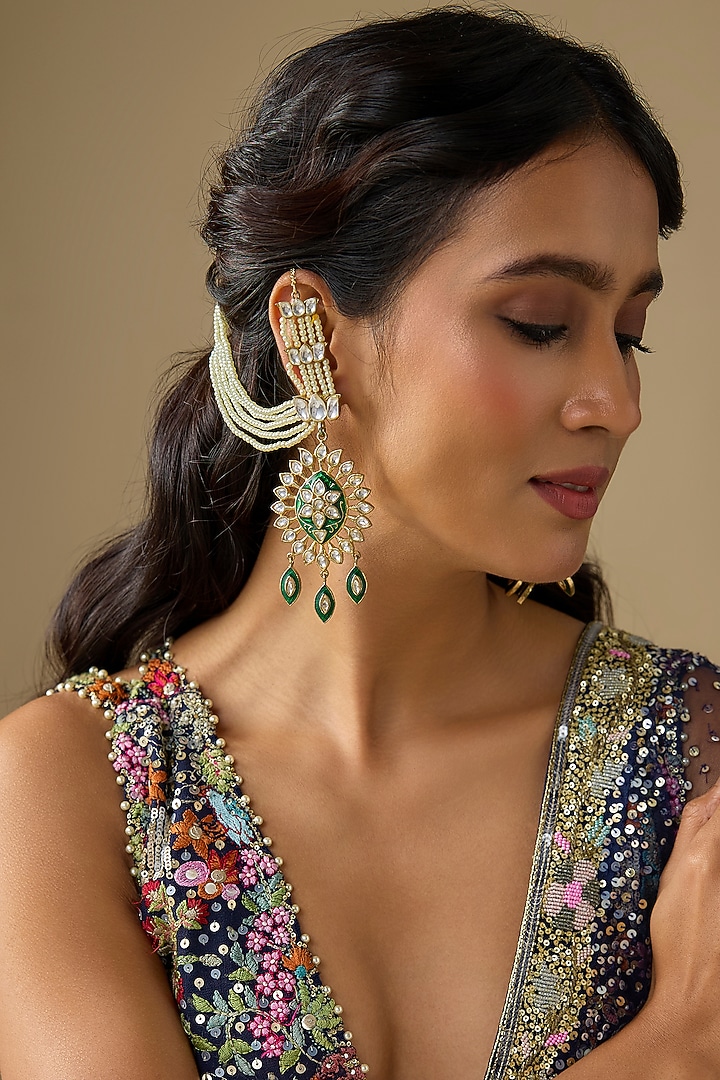 Two-Tone Finish Green Kundan Polkli Meenakari Dangler Earrings by Studio6 Jewels at Pernia's Pop Up Shop