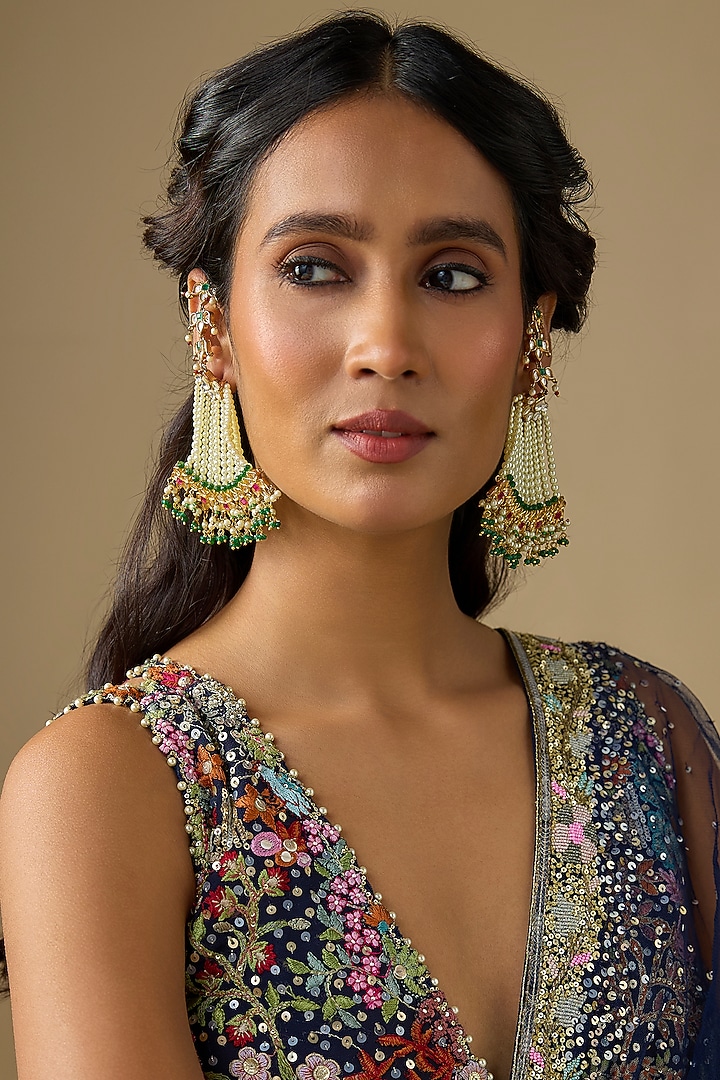 Gold Finish Kundan Polki & Pearl Dangler Earrings by Studio6 Jewels at Pernia's Pop Up Shop