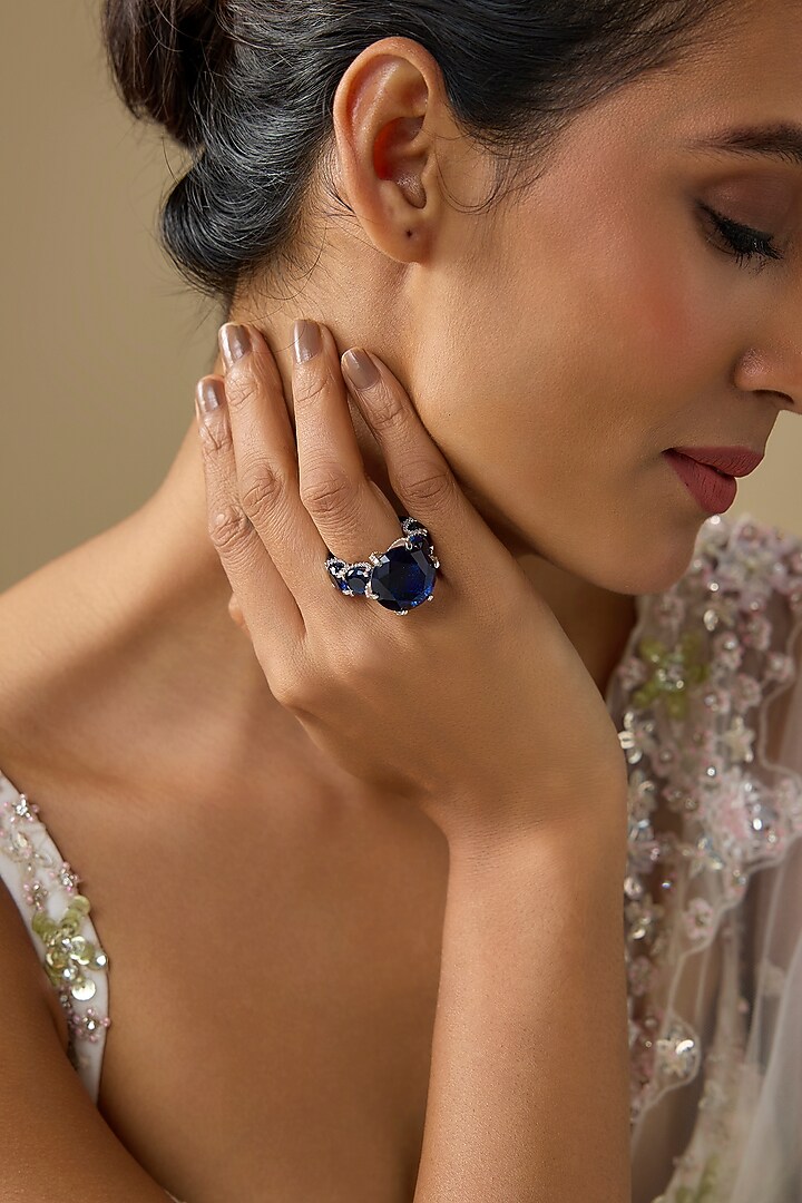 White Finish Zircon & Blue Stone Ring by Studio6 Jewels at Pernia's Pop Up Shop