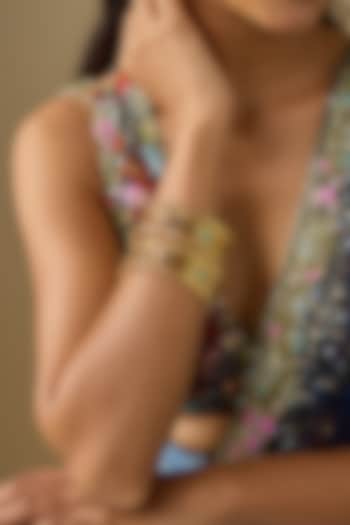 Gold Finish Kundan Polki Filigree Enameled Bangles (Set Of 2) by Studio6 Jewels at Pernia's Pop Up Shop