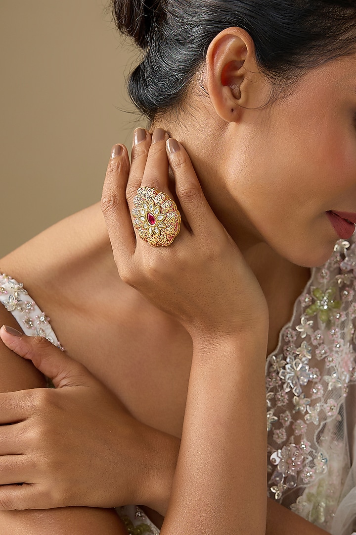 Gold Finish Kundan Polki & Peach Meenakari Ring by Studio6 Jewels at Pernia's Pop Up Shop
