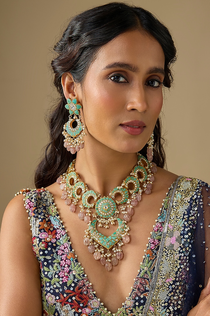 Gold Finish Kundan Polki & Turquoise Stone Long Necklace Set by Studio6 Jewels at Pernia's Pop Up Shop