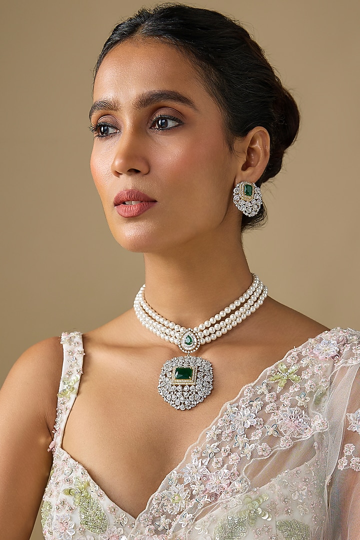 White Finish Pearl & Green Stone Necklace Set by Studio6 Jewels at Pernia's Pop Up Shop