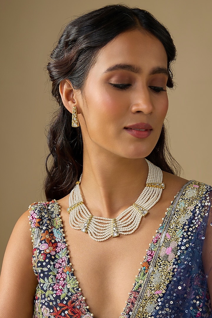 White Finish Kundan Polki & Pearl Choker Necklace Set by Studio6 Jewels at Pernia's Pop Up Shop