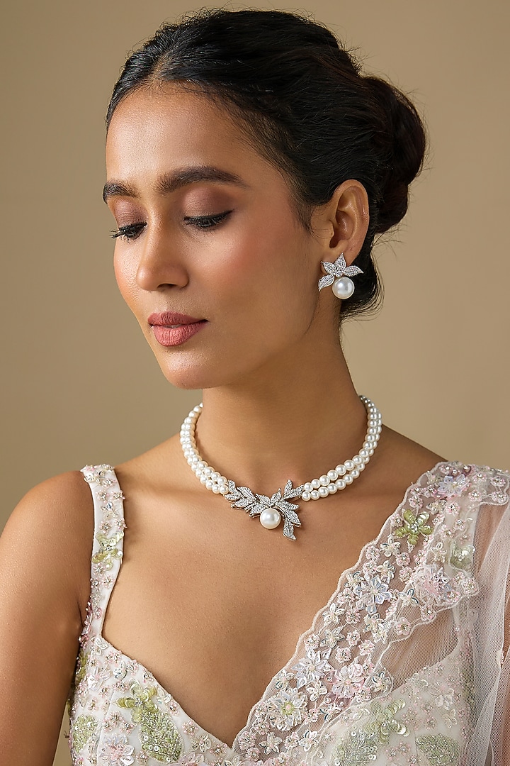 White Finish Pearl & Zircon Necklace by Studio6 Jewels at Pernia's Pop Up Shop