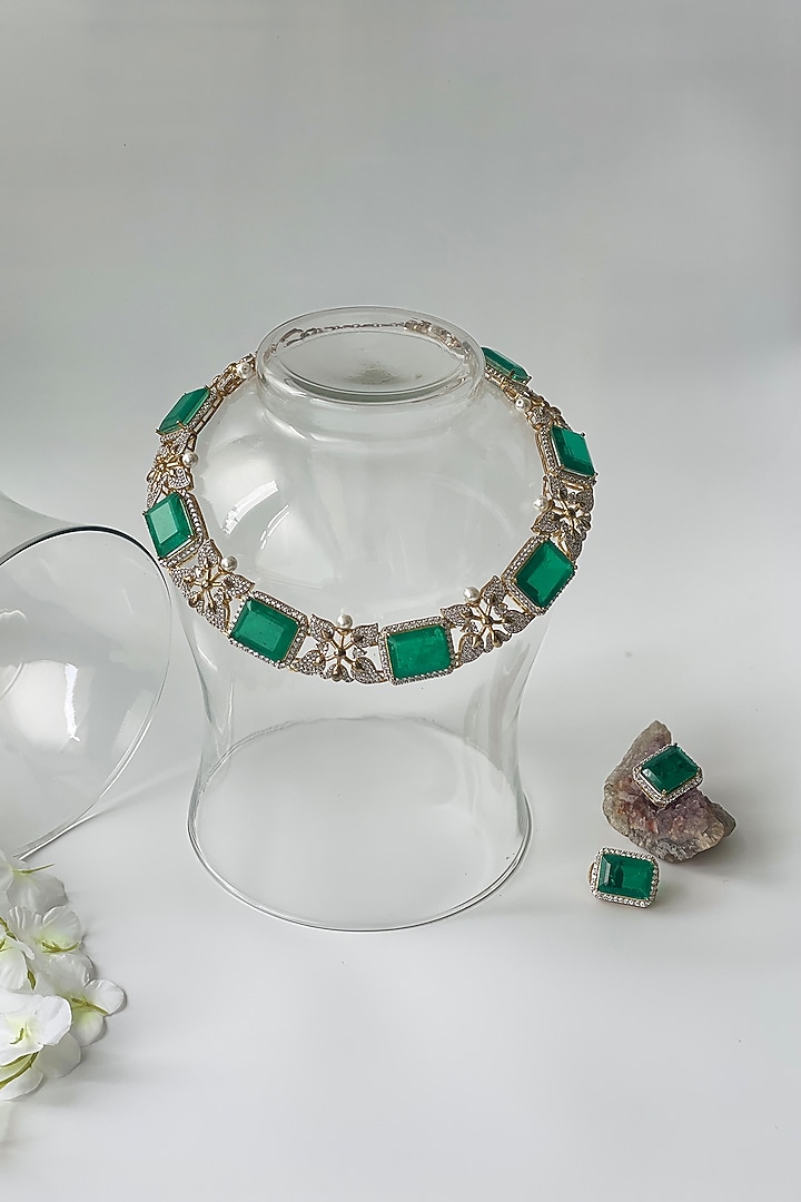 Gold Finish Zircon & Emerald Choker Necklace Set by Studio6 Jewels at Pernia's Pop Up Shop