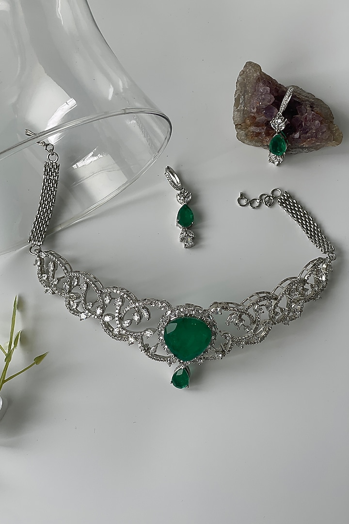 White Finish Zircon & Green Motif Choker Necklace Set by Studio6 Jewels at Pernia's Pop Up Shop