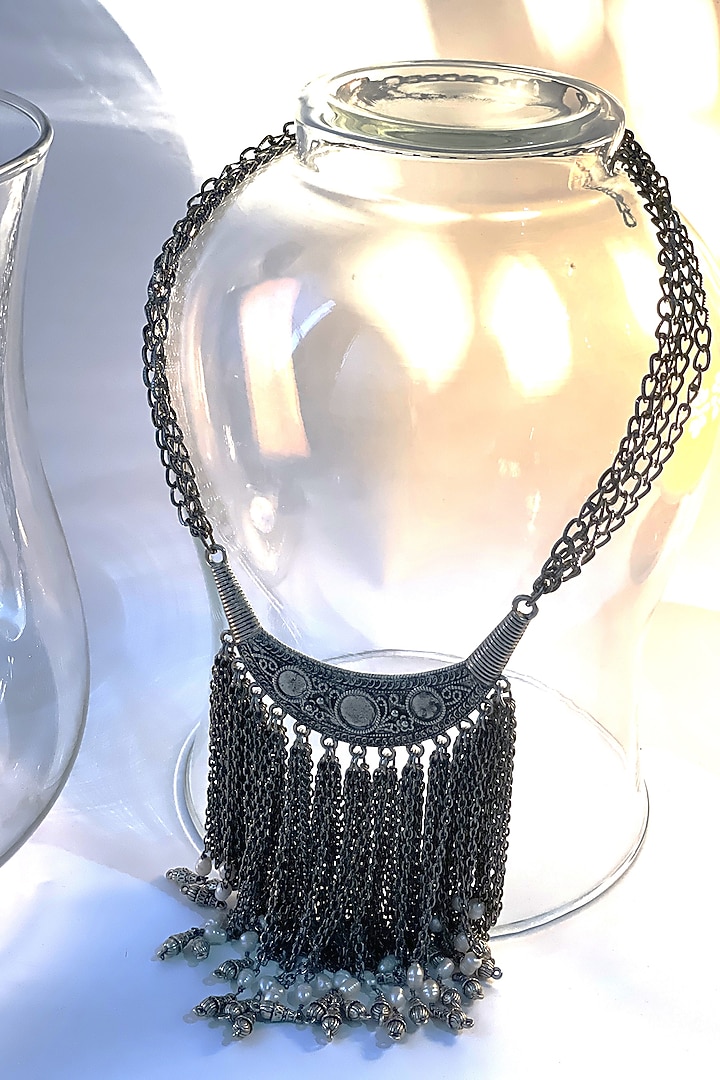Black Rhodium Finish Oxidized Pearl & Tassel Long Necklace by Studio6 Jewels at Pernia's Pop Up Shop
