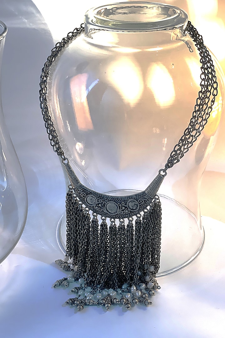 Black Rhodium Finish Oxidized Pearl & Tassel Long Necklace by Studio6 Jewels