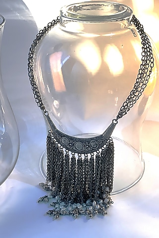 Black Rhodium Finish Oxidized Pearl & Tassel Long Necklace by Studio6 Jewels