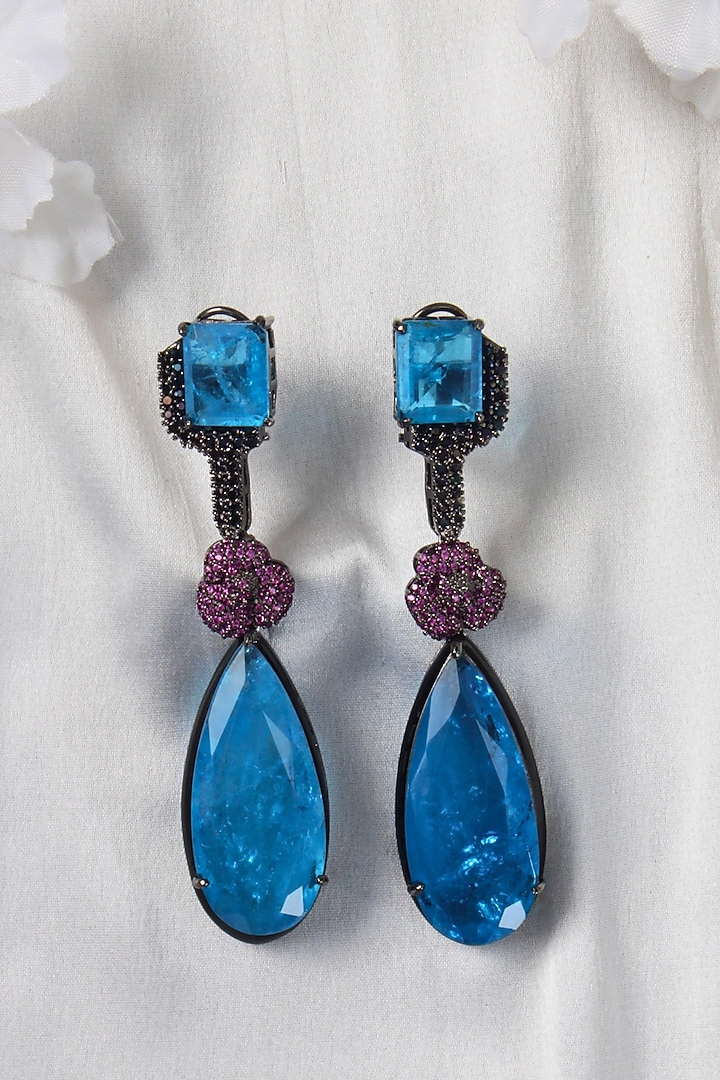 Black Rhodium Finish Blue Zircon & Crystal Dangler Earrings by Studio6 Jewels at Pernia's Pop Up Shop