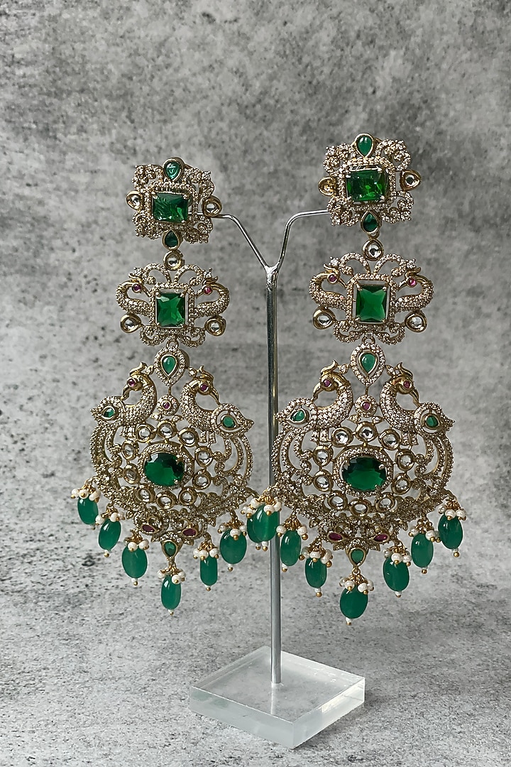 Black Rhodium Finish Zircon & Green Stone Beaded Long Earrings by Studio6 Jewels at Pernia's Pop Up Shop