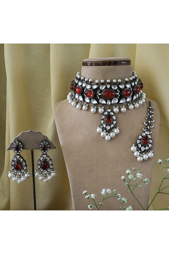 Black Rhodium Finish Kundan Polki & Ruby Choker Necklace Set by Studio6 Jewels at Pernia's Pop Up Shop
