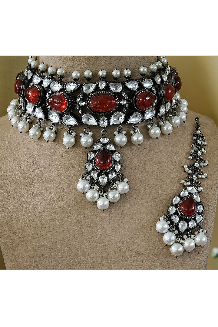 Black Rhodium Finish Kundan Polki & Ruby Choker Necklace Set by Studio6 Jewels at Pernia's Pop Up Shop
