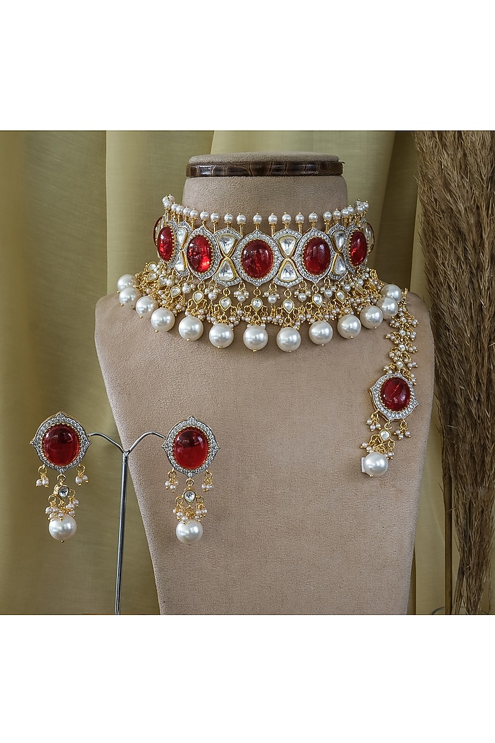 Gold Finish Red Kundan Polki Choker Necklace Set by Studio6 Jewels at Pernia's Pop Up Shop