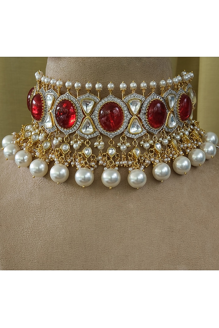 Gold Finish Red Kundan Polki Choker Necklace Set by Studio6 Jewels at Pernia's Pop Up Shop
