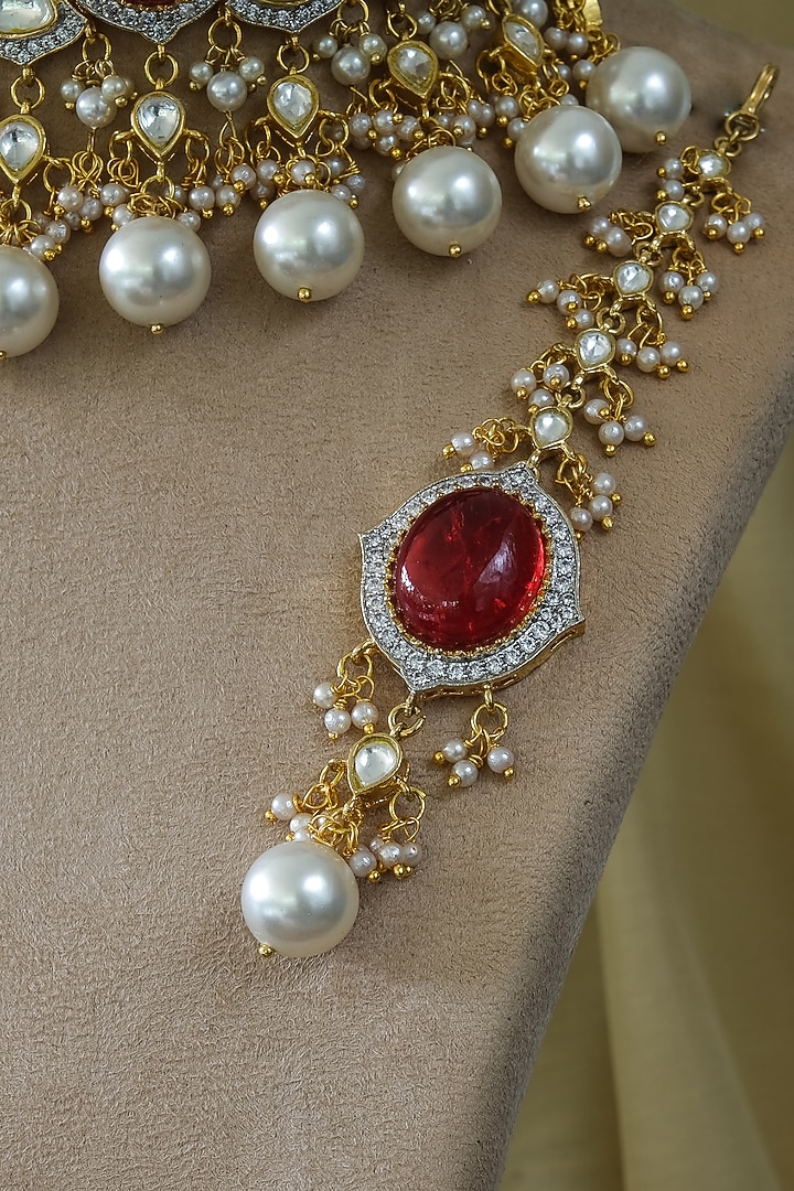 Gold Finish Red Kundan Polki Choker Necklace Set by Studio6 Jewels at Pernia's Pop Up Shop