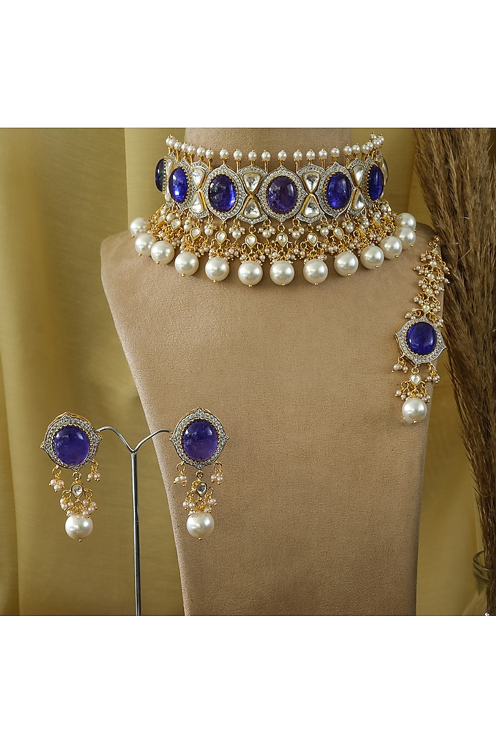 Gold Finish Blue Kundan Polki Choker Necklace Set by Studio6 Jewels at Pernia's Pop Up Shop