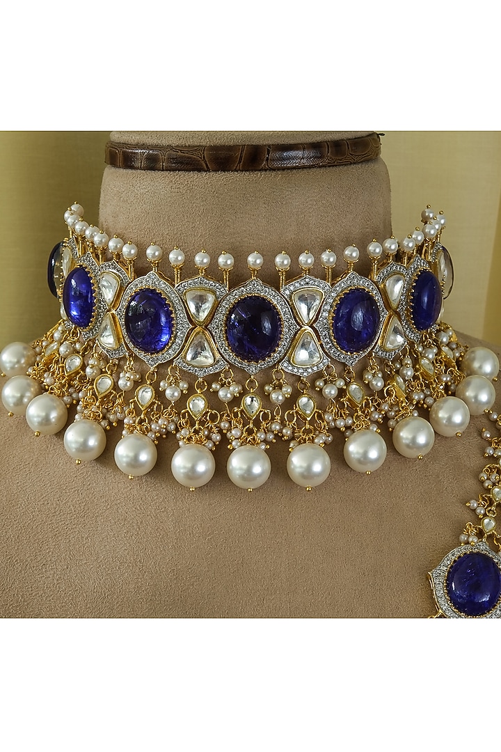 Gold Finish Blue Kundan Polki Choker Necklace Set by Studio6 Jewels at Pernia's Pop Up Shop