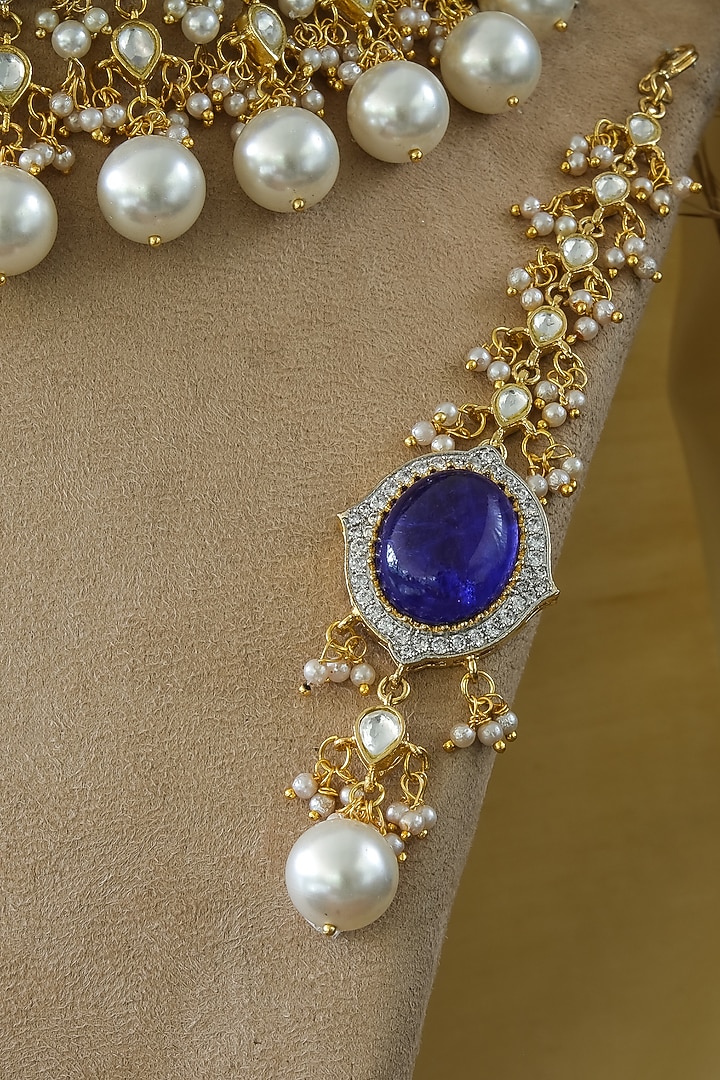 Gold Finish Blue Kundan Polki Choker Necklace Set by Studio6 Jewels at Pernia's Pop Up Shop