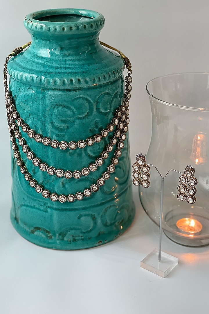 Black Rhodium Finish Zircon & Kundan Polki Layered Necklace Set by Studio6 Jewels at Pernia's Pop Up Shop