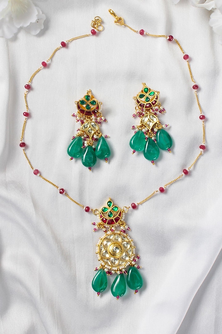 Gold Finish Stone Drop & Kundan Polki Long Necklace Set by Studio6 Jewels at Pernia's Pop Up Shop