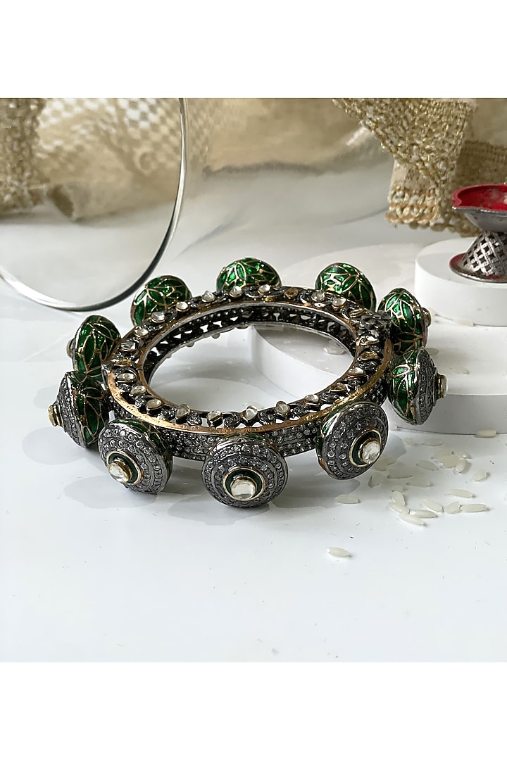 Black Rhodium FInish Kundan Polki Enameled Kada by Studio6 Jewels at Pernia's Pop Up Shop