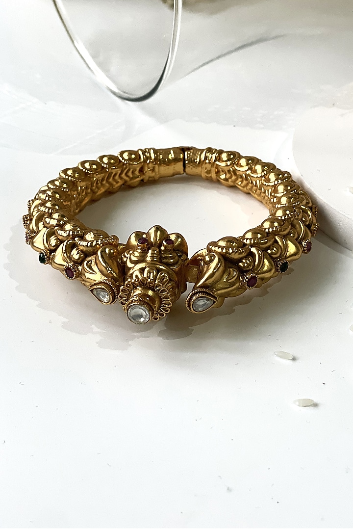 Gold Finish Pink & Green Stone Temple Kada by Studio6 Jewels at Pernia's Pop Up Shop