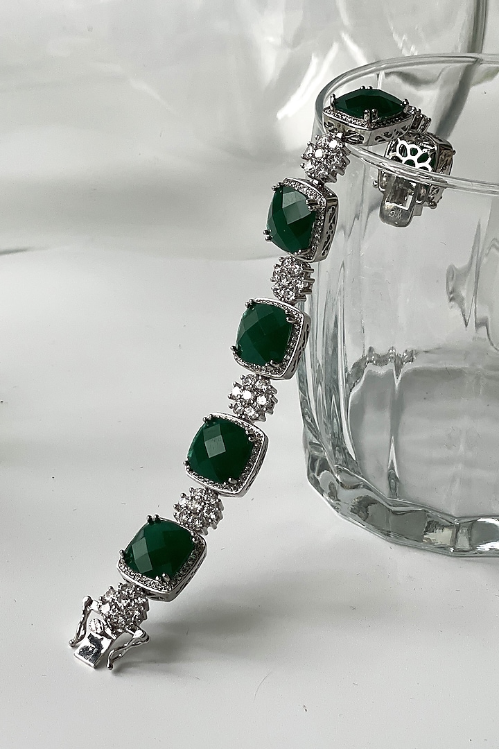 White Finish Floral Zircon & Green Stone Bracelet by Studio6 Jewels at Pernia's Pop Up Shop