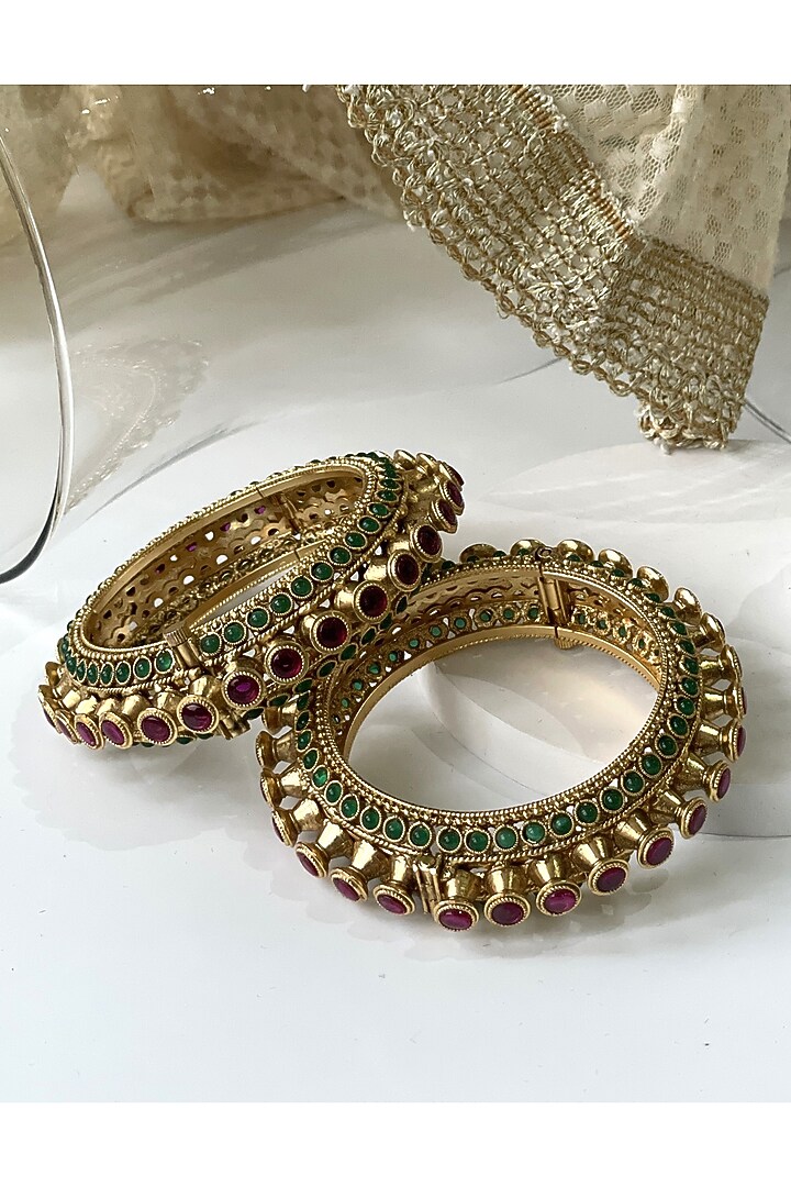 Gold Finish Kundan Polki Kadas (Set of 2) by Studio6 Jewels at Pernia's Pop Up Shop