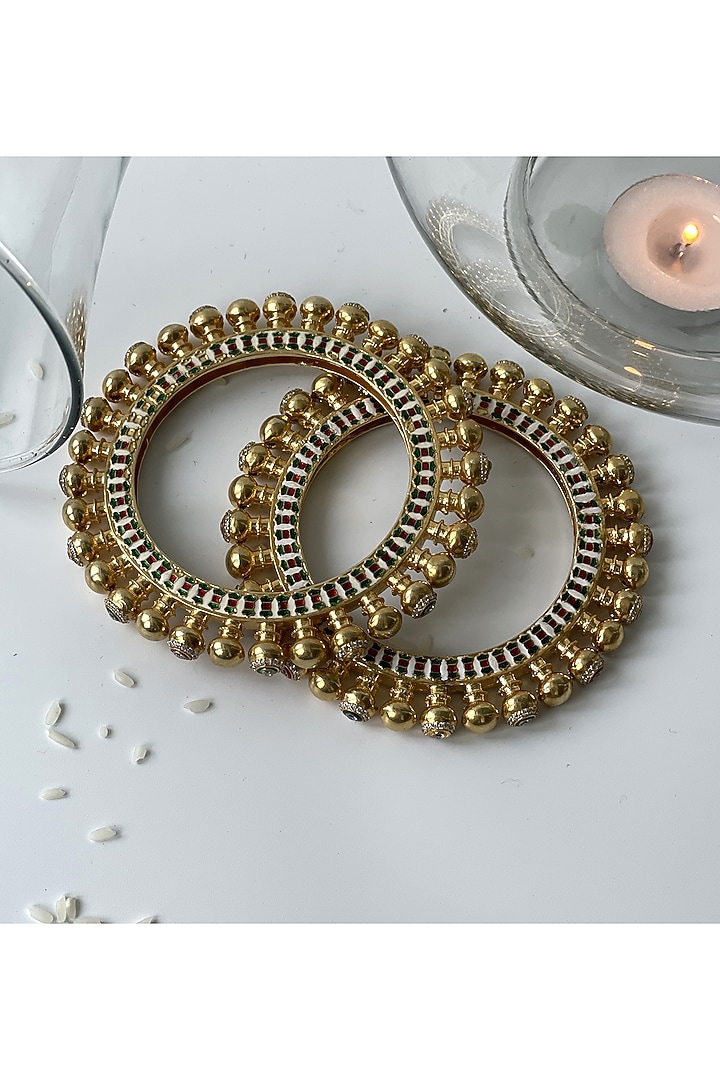 Gold Finish Kundan Polki Meenakari Bangles (Set of 2) by Studio6 Jewels at Pernia's Pop Up Shop