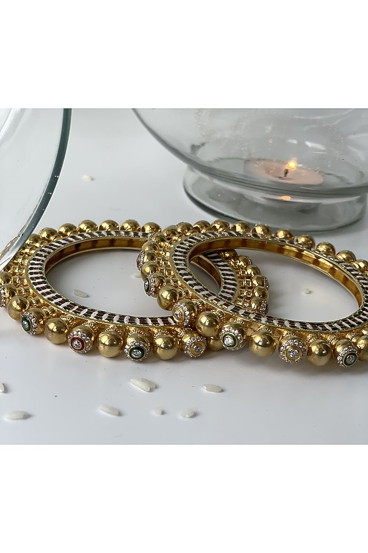 Gold Finish Kundan Polki Meenakari Bangles (Set of 2) by Studio6 Jewels at Pernia's Pop Up Shop