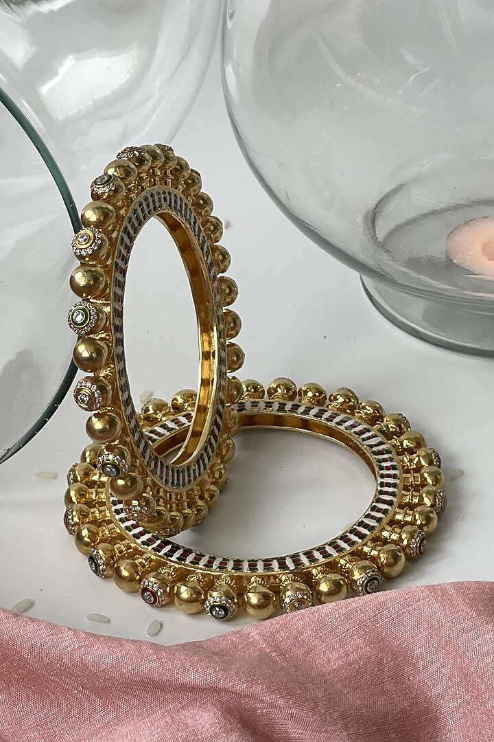 Gold Finish Kundan Polki Meenakari Bangles (Set of 2) by Studio6 Jewels at Pernia's Pop Up Shop