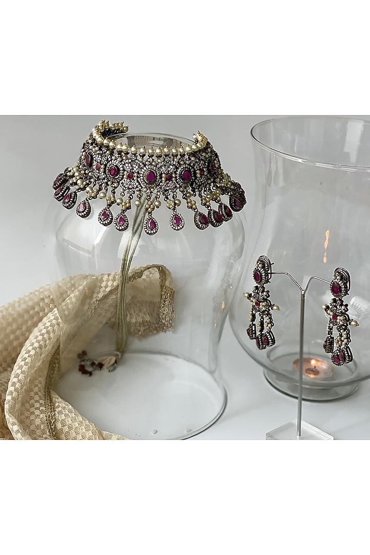 Black Rhodium Finish Kundan Polki & Ruby Synthetic Stone Choker Necklace Set by Studio6 Jewels at Pernia's Pop Up Shop