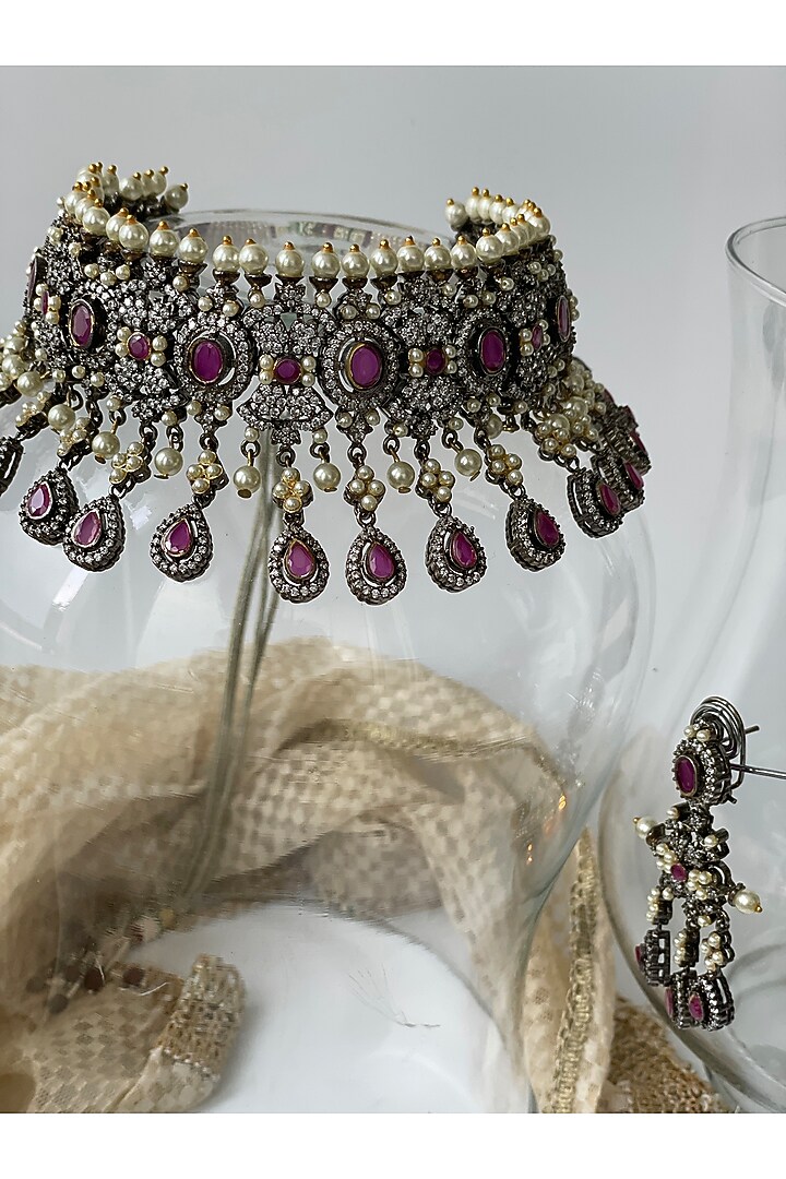 Black Rhodium Finish Kundan Polki & Ruby Synthetic Stone Choker Necklace Set by Studio6 Jewels at Pernia's Pop Up Shop