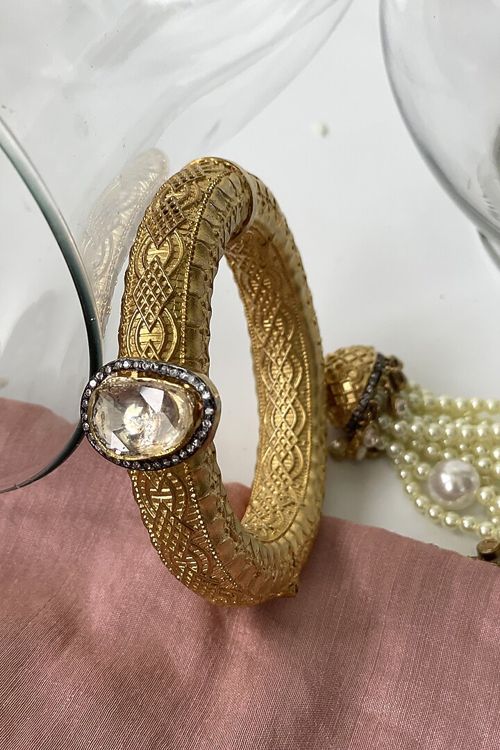 Gold Finish Kundan Polki & Pearl Tassel Openable Bangle by Studio6 Jewels at Pernia's Pop Up Shop