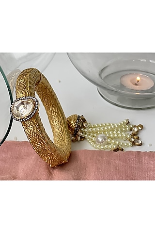Gold Finish Kundan Polki & Pearl Tassel Openable Bangle by Studio6 Jewels
