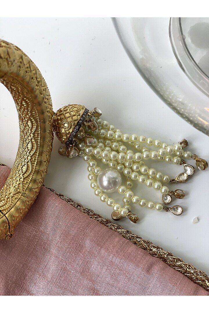 Gold Finish Kundan Polki & Pearl Tassel Openable Bangle by Studio6 Jewels at Pernia's Pop Up Shop