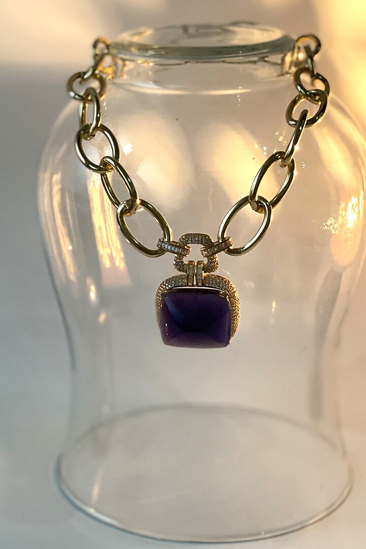 Gold Finish Emerald Synthetic Stone Doublet Long Necklace by Studio6 Jewels at Pernia's Pop Up Shop